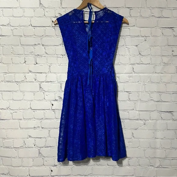 Sandro Paris Mikka Lace Dress Blue Tie Back Mini Fit & Flare Party Cocktail - Picture 2 of 11